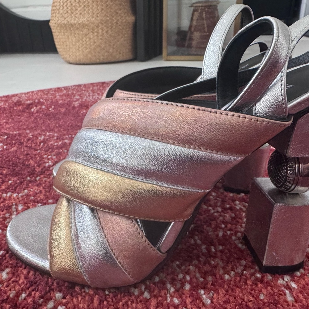 Balmain Silver and Gold Block Heel Sandals with Crisscross Straps